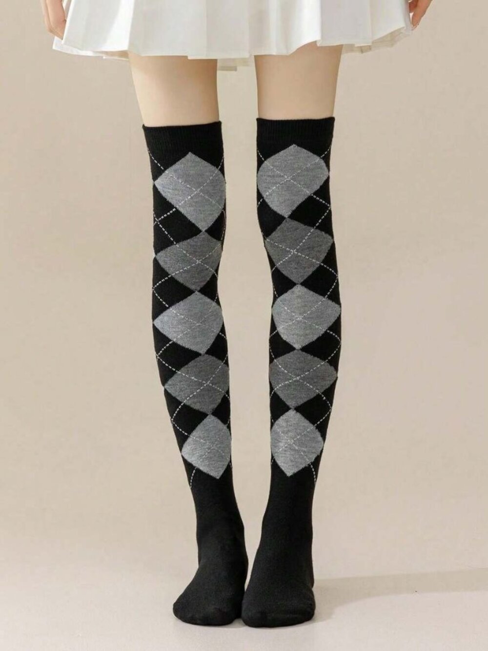 Women's Argyle Diamond Plaid Black Grey Over The Knee Thigh High Socks
